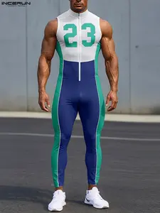 INCERUN Men's Fashion Sportswear Digital Print Zipper Sleeveless Jumpsuit, Sporty Style Outfits, Summer Sports, Casual Wear, Comfortable and Stylish