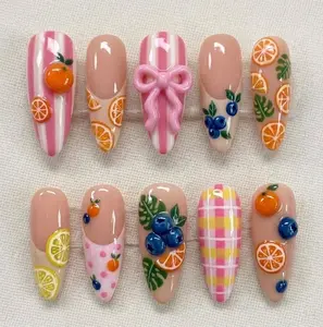 AB16 allenbabynailss – Luxury Fruit Garden Press-On Nails, 3D Pink Bow Design, Orange Slice & Blueberry Details, Plaid and Stripe Patterns, Cute Summer Picnic Nails for Vacation