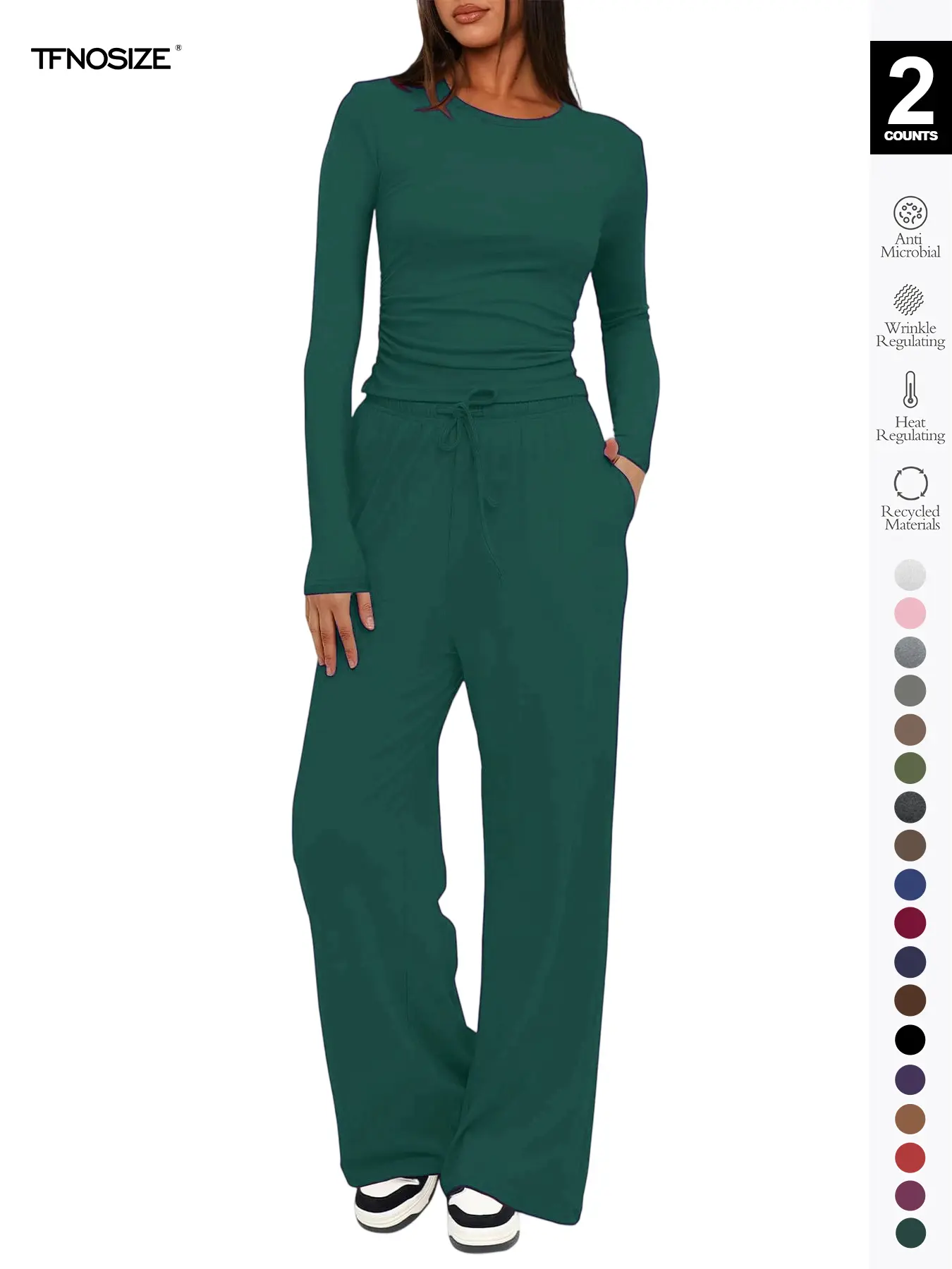 2026 Two-Piece Set Women's Loungewear Solid Ruched Round Neck Knitted Tee & Drawstring Pocket Pants, Casual Fit Long Sleeve T-Shirt & Elastic Waist Trousers, All Seasons Sleepwear Everyday Pajama Set