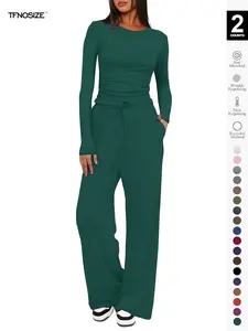 2026 Two-Piece Set Women's Loungewear Solid Ruched Round Neck Knitted Tee & Drawstring Pocket Pants, Casual Long Sleeve T-Shirt & Elastic Waist Trousers, All Seasons Sleepwear Everyday