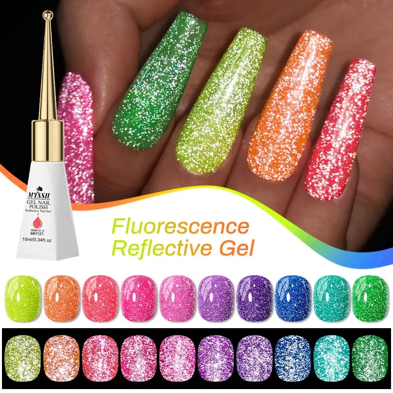 MTSSII 10ml Fluorescence Reflective Glitter Gel Nail Polish, Super Shiny Neon Gel Polish Y2K Highly Saturated Semi Permanent Soak Off UV Gel LED Nail Art DIY Varnish Manicure Design