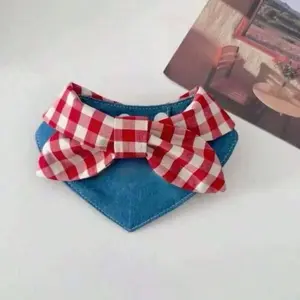 Fashionable -Style Colorblock Denim Bow-Tie Pet Bib Scarf, Stylish Accessory for Adorable Pets, Perfect for Daily Use