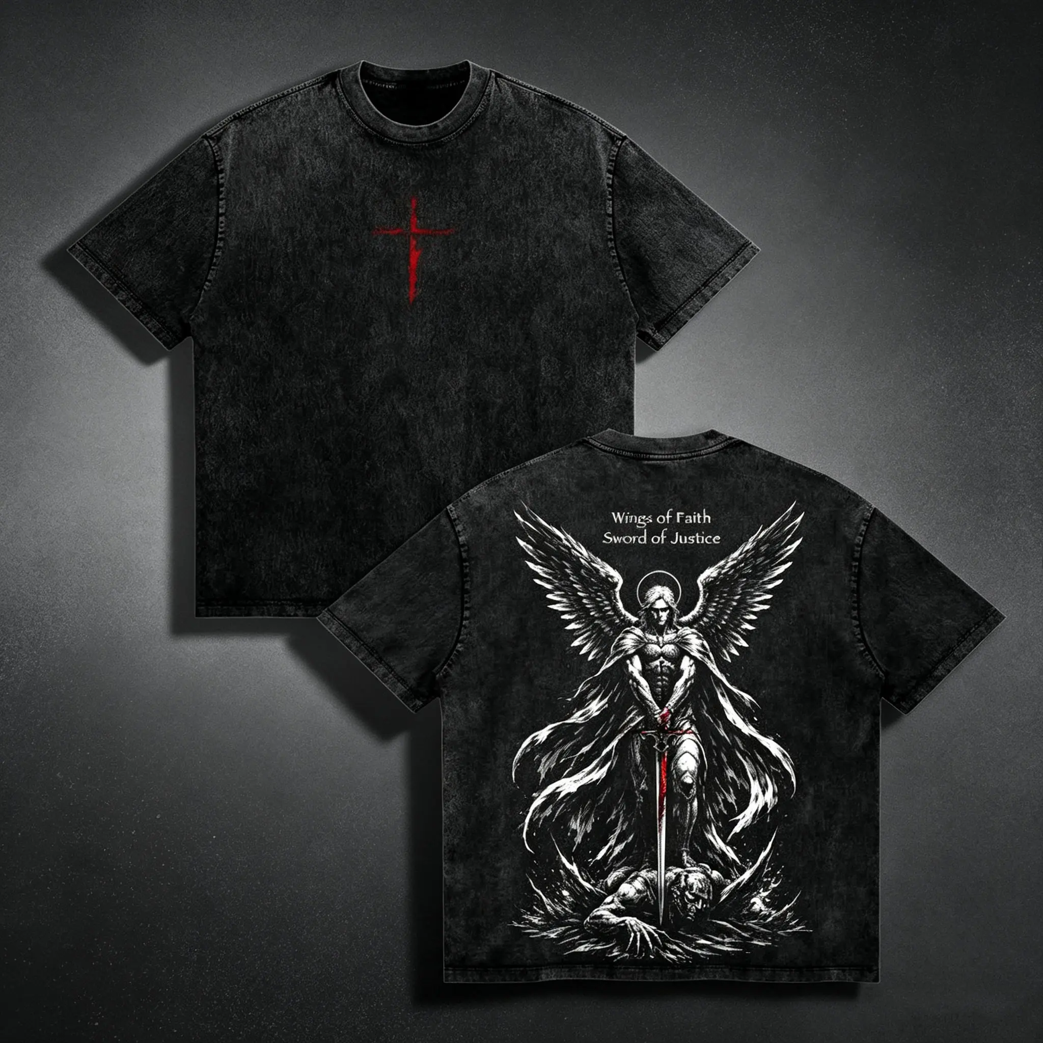 Archangel Michael Wings of Faith Sword of Justice Christian Vintage Washed Tee Catholic Faith Shirt Spiritual Warfare Guardian Angel Heavy Cotton Gift for Men Women