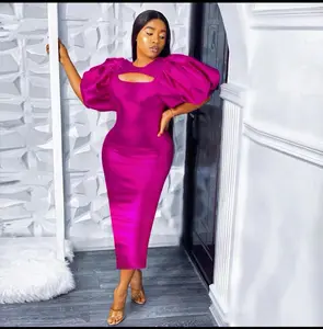 Elegant Puff Sleeve Bodycon Midi Dress – Women’s Fitted Party & Church Dress