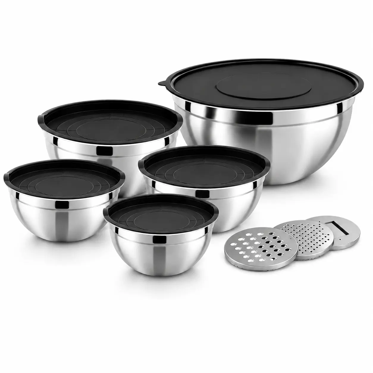 Stainless Steel Mixing Bowls Tableware Set with Lids, Grater Attachments - Stackable, Chip-Resistant, BPA-Free, Durable 5-Piece Set (0.67-4QT, Dishwasher Safe) for Meal Prep & Everyday Cooking