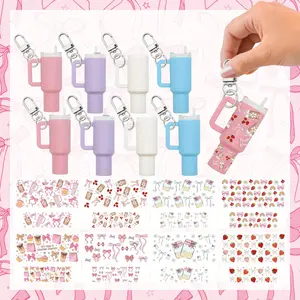 8pcs/16pcs Mini Cup Keychain Sets with DIY Bow Stickers, Cute UV DTF keychain wraps Colorful Water Bottle Accessories for Party Favors & Crafts, Plastic Material, Handbag Charms | Playful Design | Durable Plastic, Water Bottle Accessories