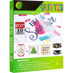 Glitter DTF Transfer Film - 8.5"x11" 30 Sheets Colorful Glitter DTF Film for Sublimation Hack, Direct to Film Printing on Light & Dark T-Shirts Textile, Hot & Cold Peel DTF Paper