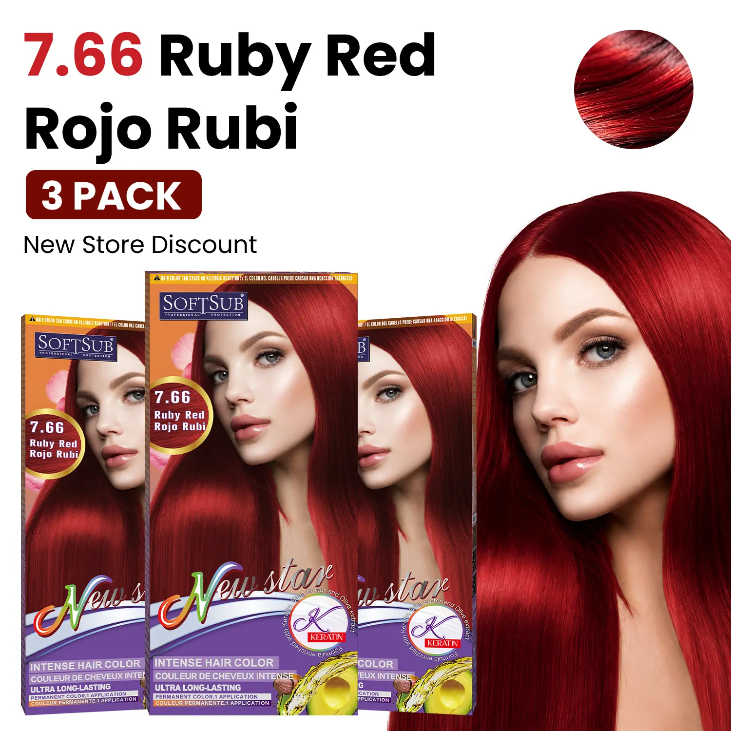 SOFTSUB Ruby Red Hair Dye for Women, 3 Pack 360mL Permanent Hair Color, Vibrant Long-Lasting Ruby Red, At-Home Hair Coloring for Long Hair