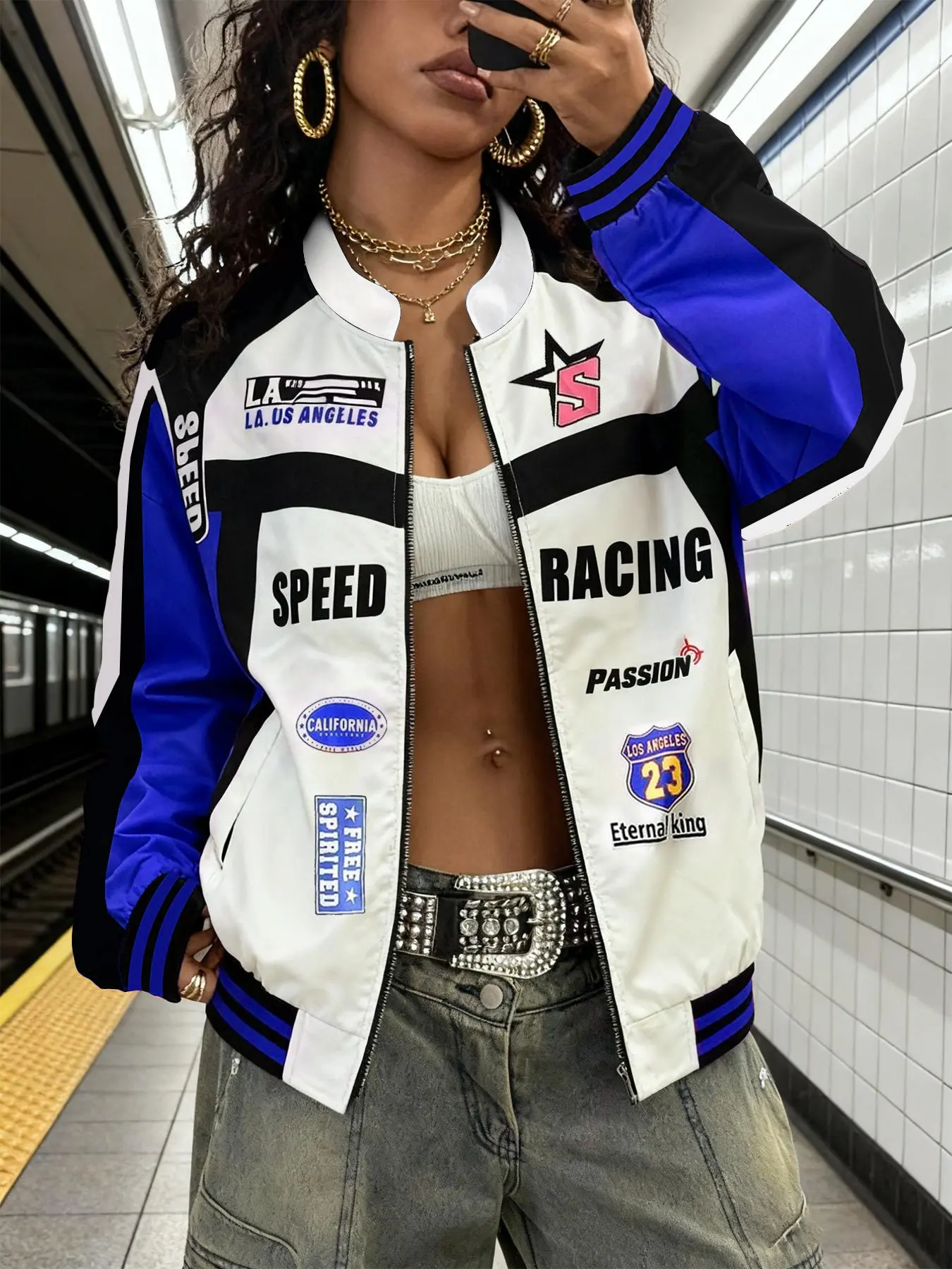 Women's Racing Jacket, Outerwear, Pilot Design, Y2K Colorblock