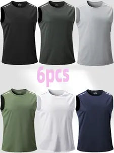 Men’s 6-Pack Loose-Fit Polyester Knit Ice Silk Sleeveless Tank Tops Set - Summer New Arrivals, Quick-Dry, Breathable Sports Shirts for Outdoor Running, Fitness Training,summervibes