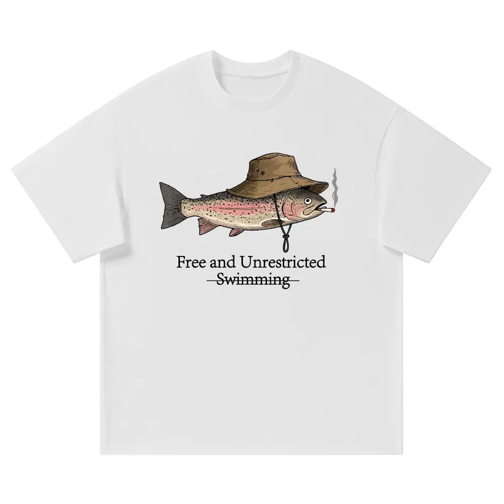 Heavyweight Cotton Funny Fishing Graphic T-Shirt, Oversized Retro Trout Fish Smoking Art Tee, Premium Thick White Cotton Gorpcore Outdoor Summer Tops Casual Shirt