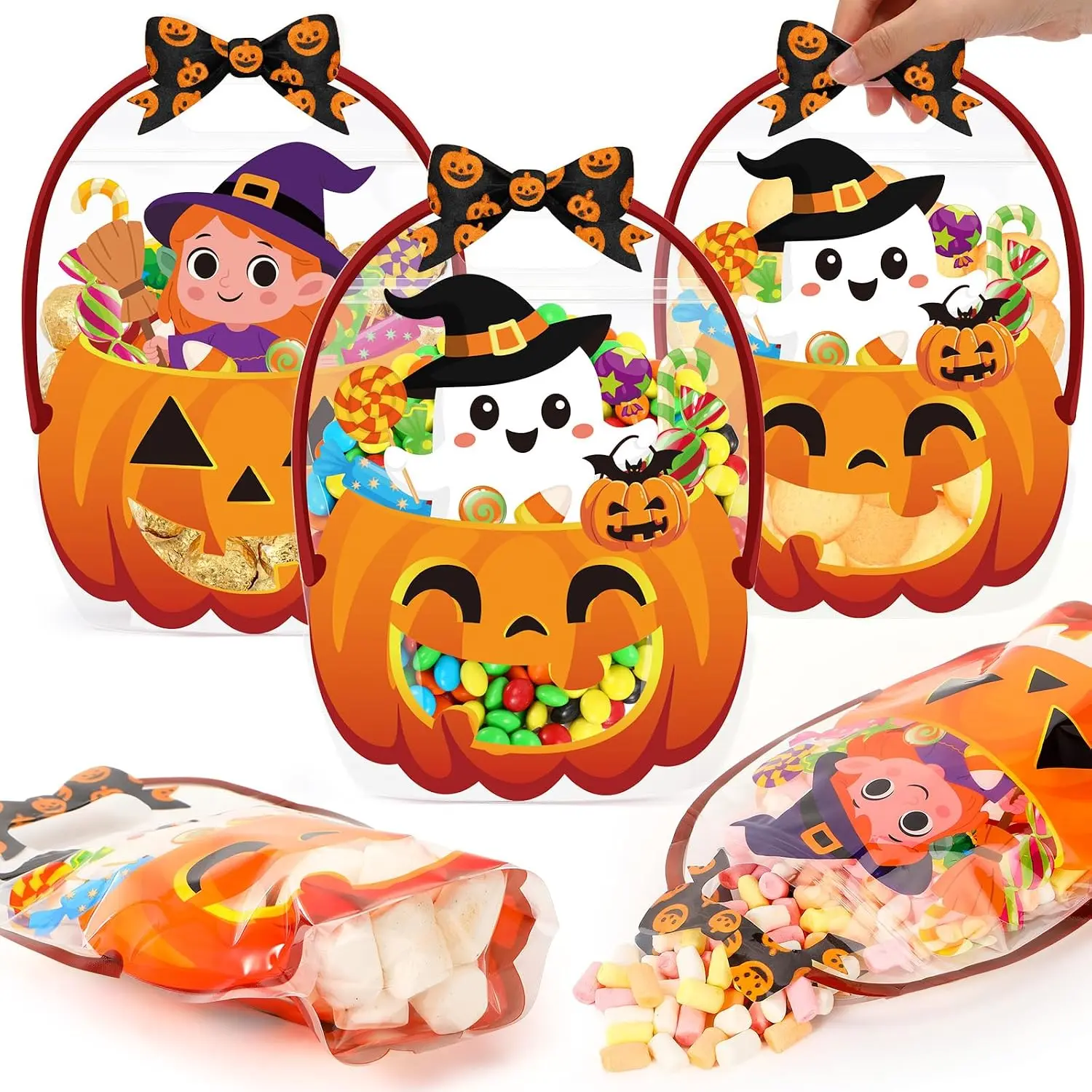 25 Pcs Halloween Plastic Bags Clear Ghost Witch Pumpkin Sealed Gift Pouches with Handles Resealable Scary Holiday Favor Bags for Halloween Holiday Party Candy Gift Wrapping Supplies Decoration