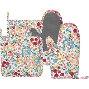 Wild Flowers Floral Meadow and Pot Holders Set of 4 Mitten Gloves and Non-Slip Potholders Set Heat Resistant Oven Gloves Hot Holders for