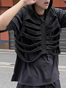 Men's Funny Bone Deconstruction Design Vests Sleeveless Cropped Casual Streetwear Solid Color Hooded Waistcoat