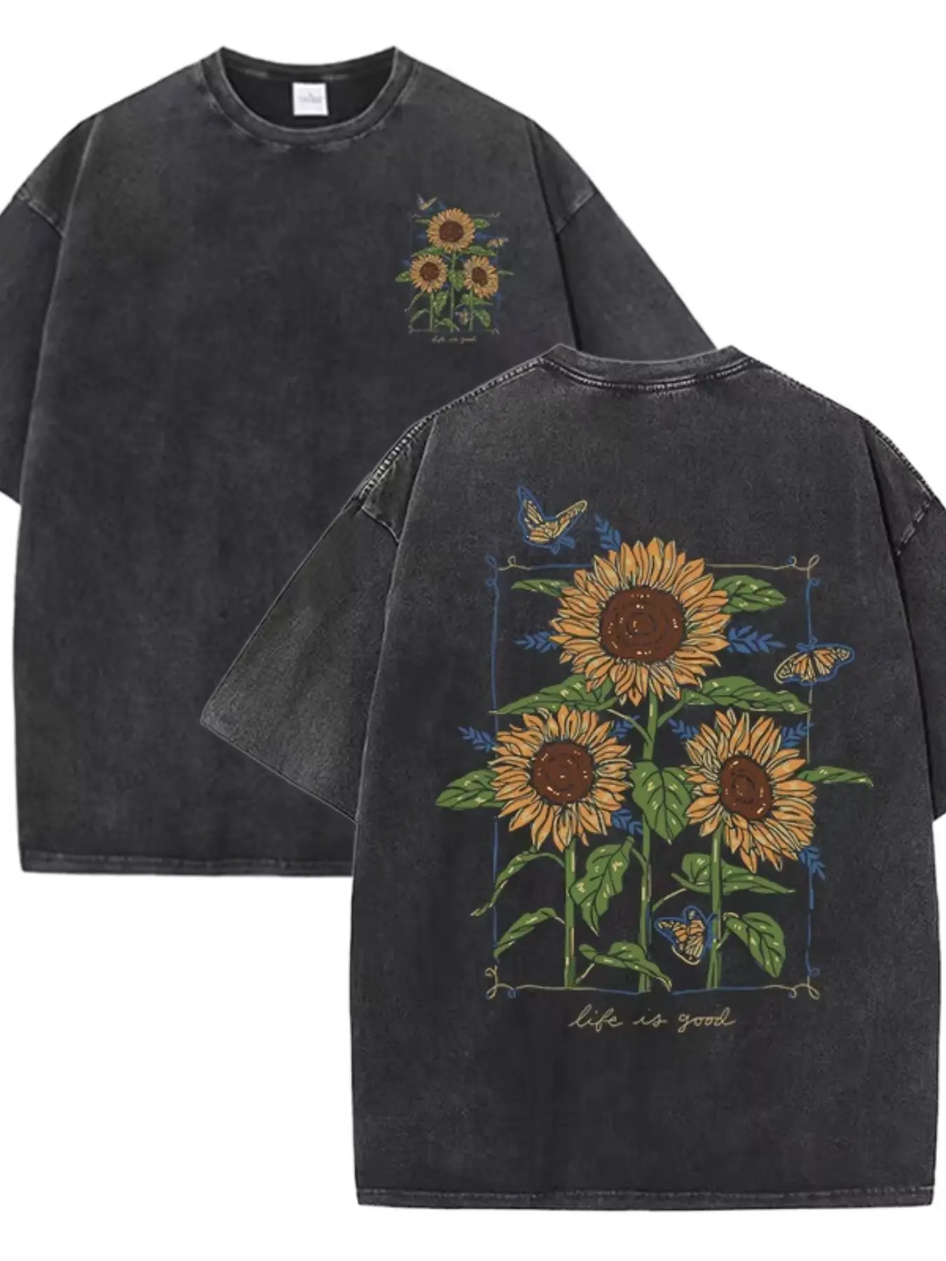 Sunflower themed vintage style Distressed T-shirt, Top, black base loose baggy Oversized American retro short sleeved, double-sided design, back with large sunflowers, hand drawn graffiti style, Casual, Print, Streetwear, Vibe