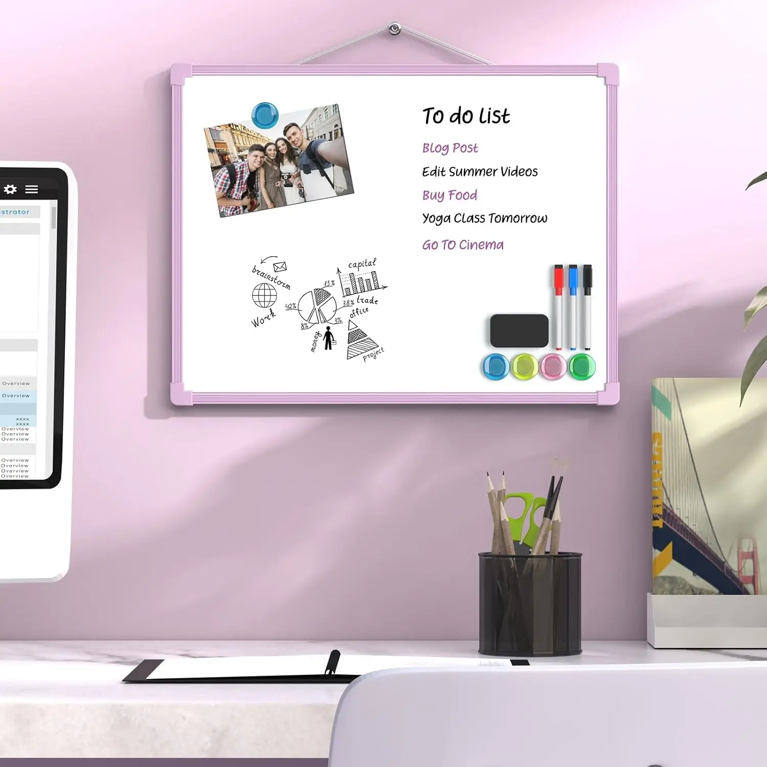 MaxGear Double-Sided Dry Erase Board for Wall, 16"x12" Small White Board, Includes 3 Markers & 4 Magnets, Portable hanging Whiteboard for Home, Office, Double Sided Tapes Included