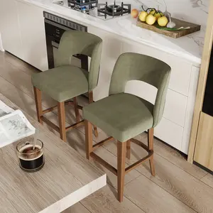 26" Upholstered Bar Stools, Set of 2, Modern Barstools with Wood Legs & Backrest, Ergonomic High Bar Chairs for Kitchen Island, Dining Room, Bar