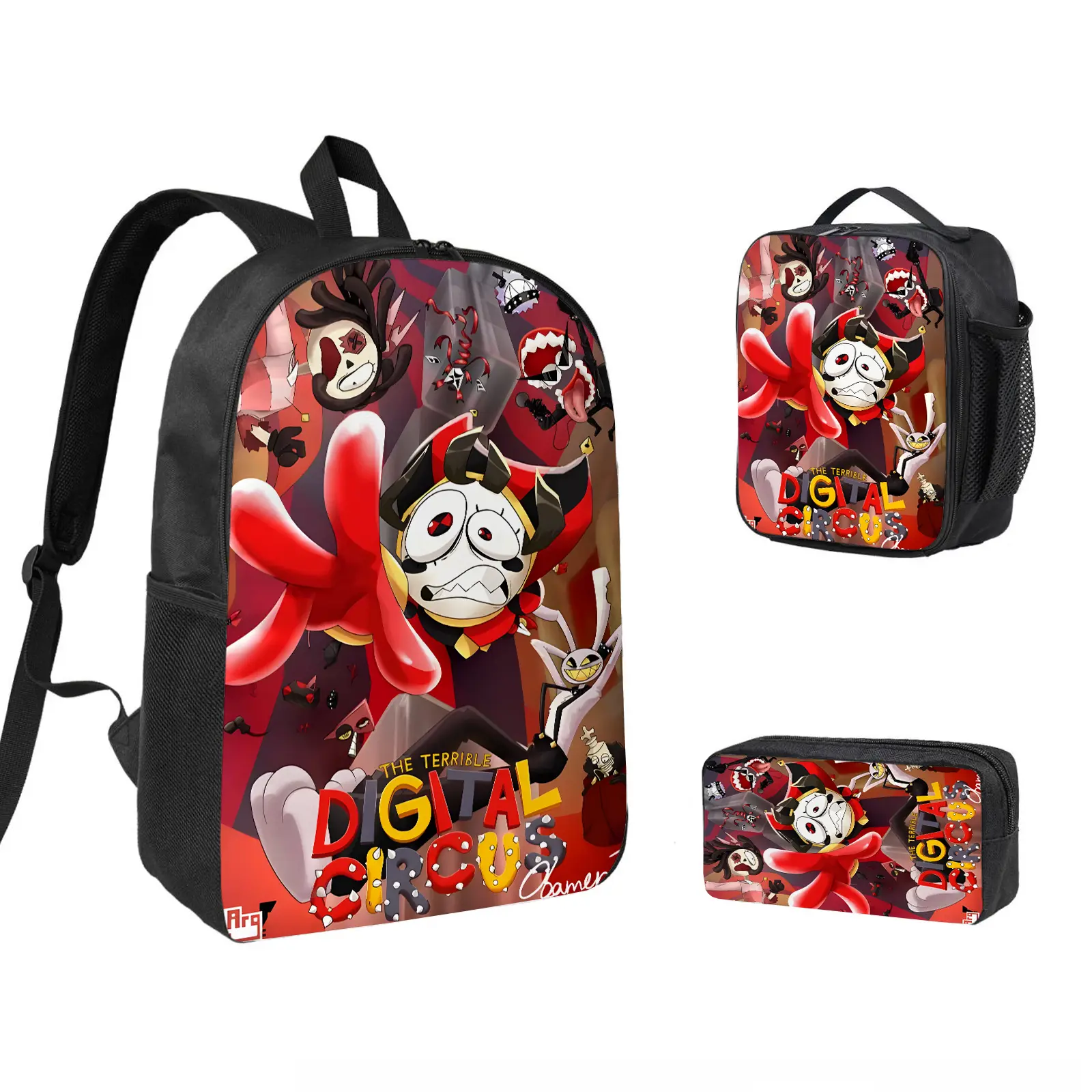 The Amazing Digital Circus poster 3 PCS Backpack Set, Durable School Bookbag with Insulated Lunch Bag & Pencil Case for Teens Boys Girls, Comfortable Travel Daypack Gift for Fans d-252