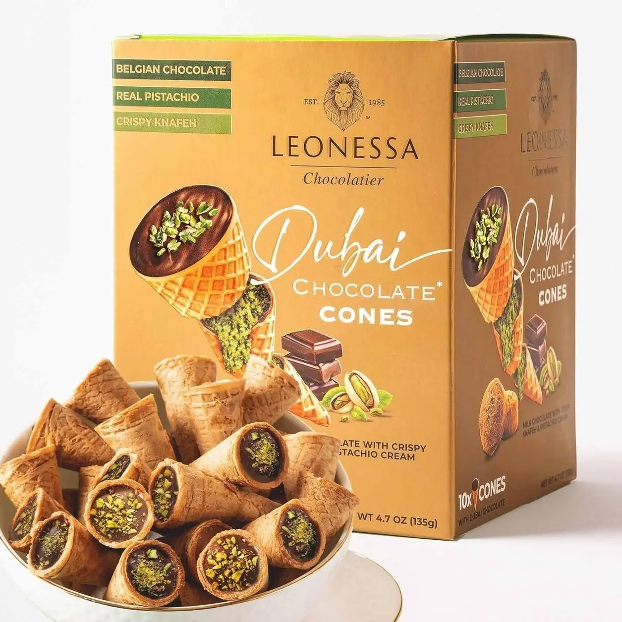 Leonessa Dubai Chocolate Cones with Pistachio Kunafa | Made with Premium Belgian Chocolates | Kunafa Chocolate | Chocolates de Dubai - 4.7 oz