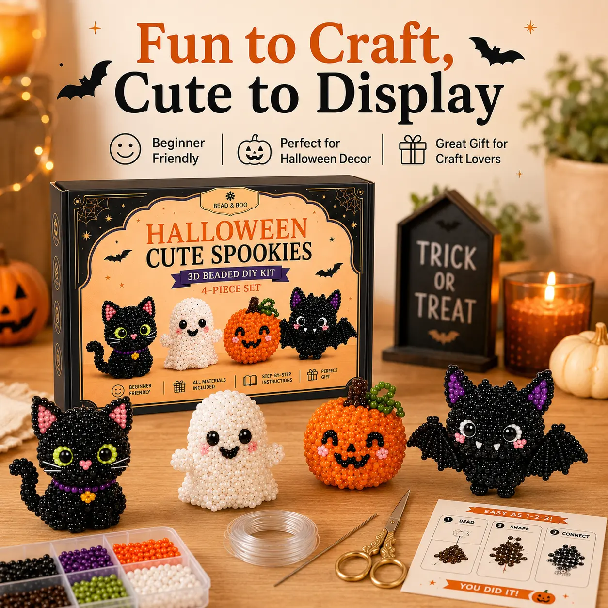 3D Beaded Animal Craft Kit, Bead Art Set, DIY Animal Beading Kit, Stress-Relieving Hobby, Ideal for Craft Enthusiasts, Great Holiday Gift, DIY Kit, Halloween Kit