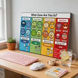 1 Pc "What Zone Are You In?" Emotional Regulation Canvas Wall Art, Zones of Feelings Print, Educational SEL Decor for Classroom, Therapy Office & Kids Room, 12X16 Framed, Classroom Decoration
