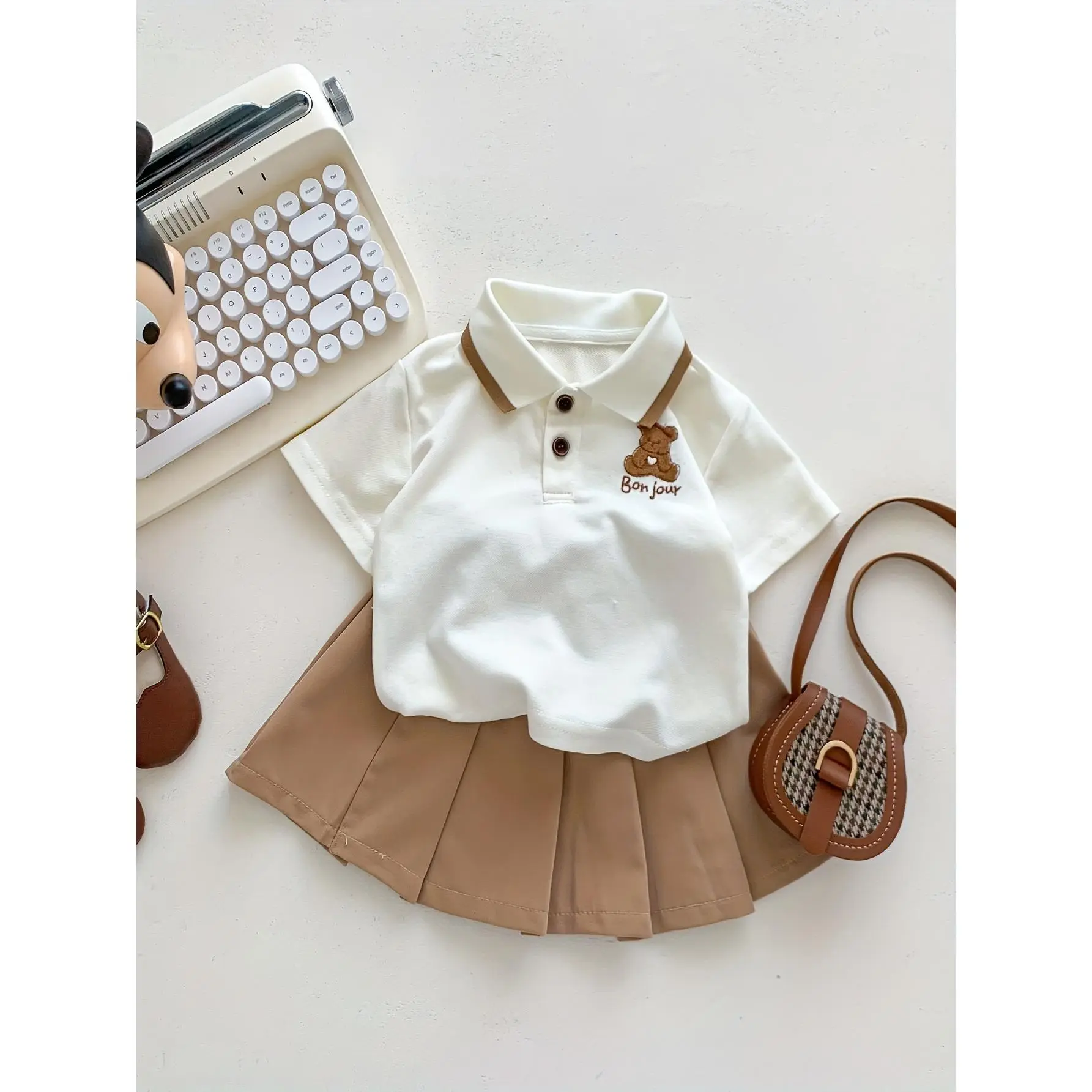 Female 0-3 Years Old Infant Toddler Girl's Preppy Style Cartoon Polo Shirt Short-Sleeved Pleated Dress Set, Outdoor Wear
