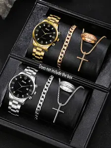 8pcs Men's Fashion Watch Set + Necklace + Bracelet + Ring, Perfect Gift for Daily Wear, Holidays, Birthdays, Back-To-School Season, Men Jewelry