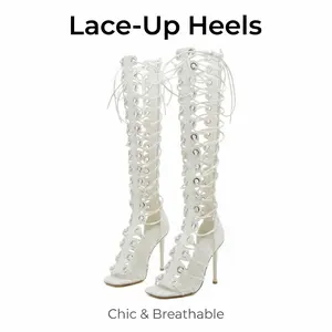 Trending Shoes for Women 2026, Y2K White Lace Up Cutout Heeled Knee High Sandal Boots, Open Toe Stiletto High Heels for Women, Summer Party Dress Shoes