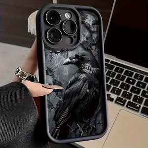 Black Crow Pattern TPU Case for iPhone 17 Pro Max 16 16e 15 14 Plus 13 12 Mini 11 Air X XS Straight Edge Drop-Resistant Rugged Durable Cover Shell Gift 2D printing