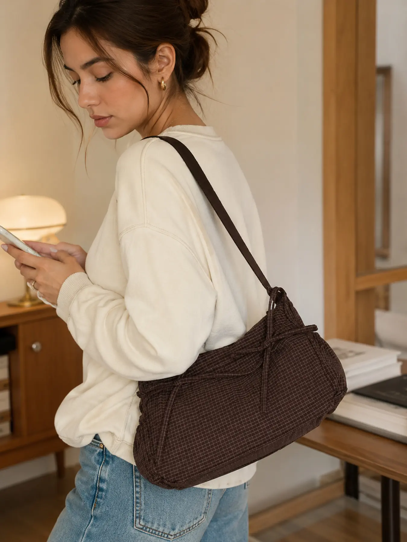 Korean Vintage Checkered Hobo Bag Women Soft Grunge Plaid Tote Purse Large Capacity Casual Shoulder Bag Adjustable Strap Everyday Crossbody Bag for Work School Travel Shopping Cute Gift Idea for Her on Birthday Christmas Halloween Trendy Fashion
