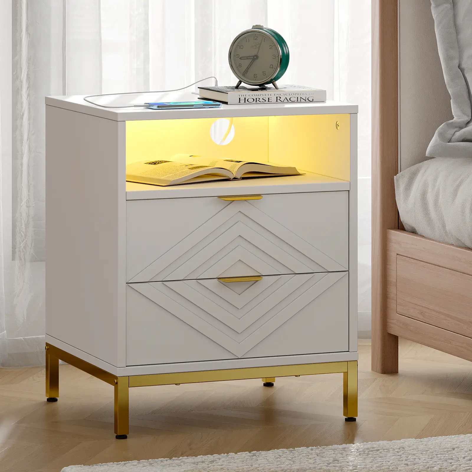 【FallDealsForYou】ONBRILL Nightstand, Modern Side Table, End Table with Charging Station and LED Lights, Bedside with 2 Drawers, USB Ports and Outlets