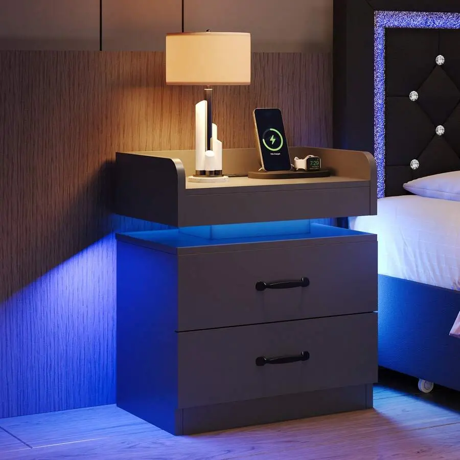 LED Bedside Table with 2 Wood Drawers, USB Ports, Floating Top, Plug-In Power, Clean Design – Modern Indoor Furniture End Side Table with Charging Station (Black/White/Grey), Led Bedside Tables, Nightstand