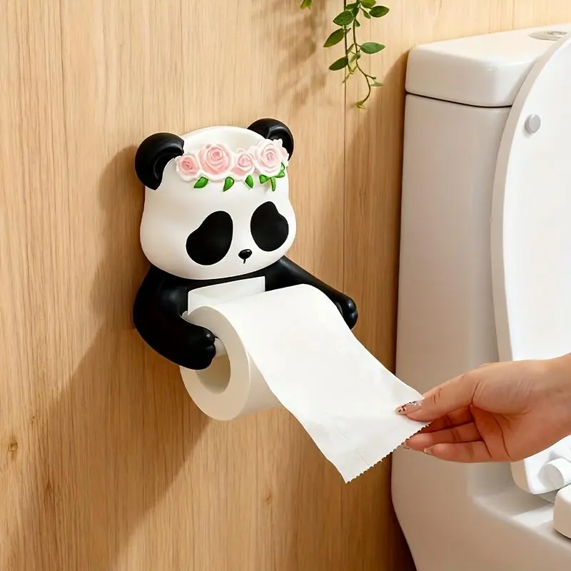 Wall-Mounted Panda Paper Towel Holder, Cute Cartoon Resin Bathroom Gadget, No-Drill Nail-Free Adhesive Dispenser, Durable Waterproof Modern Home Solution