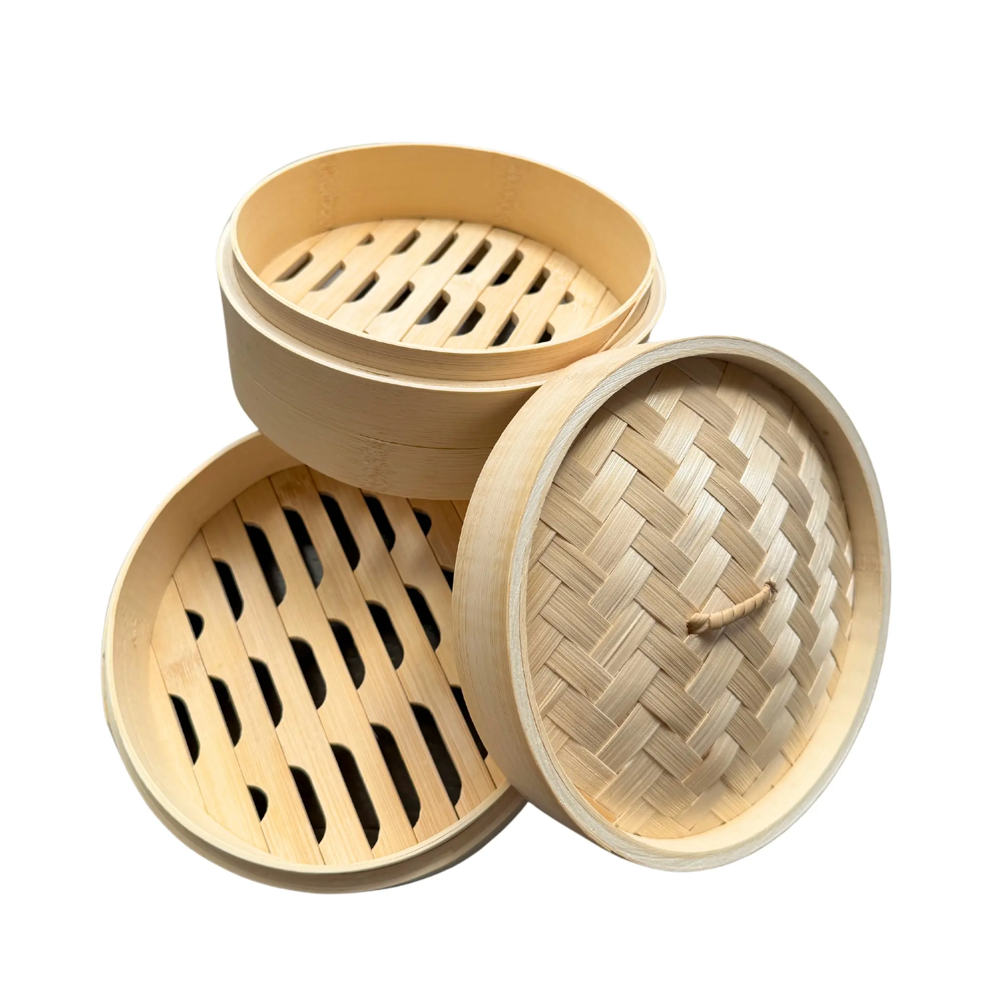Thy Home 2-Tier Stackable Natural Bamboo Steamer Basket Set, Multi-Size Bamboo Cookware for Steaming Dim Sum, Dumplings, Ideal for Asian Kitchens