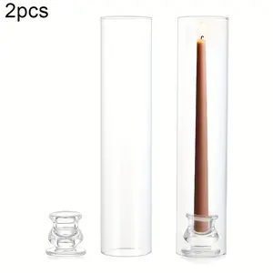 Set of 2/10 Clear Hurricane Candlesticks - Slotted Candlestick Holder with 12 Tall Windproof Cylinder Head for Fireplace Restaurant Decor, Wedding Birthday Party Home Decor