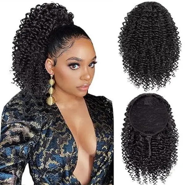 Short Kinky Curly Ponytail Extension for Black Women, 10 Inch Dark Brown Drawstring Curly Ponytail with Two Clips, Synthetic Afro Drawstring Ponytail for Black Women