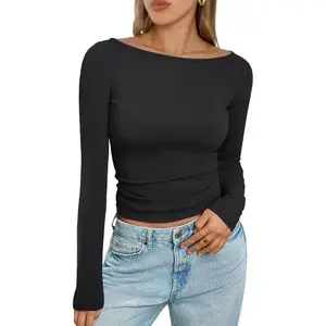 Women's Boat Neck Tops Long Sleeve Shirts Casual Fitted Tee Shirts Solid Color Fall Basic Clothes  Minimalist Summer Short Womenswear Streetwear
