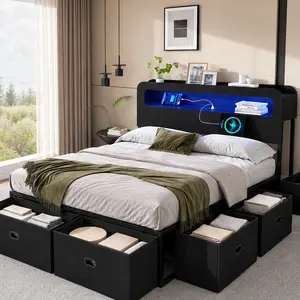 ARCH Queen Size Sturdy Modern Platform Metal Bed Frame with LED Lights Headboard, USB-C Charging Station, 8 Fabric Storage Drawers, MDF-Metal Construction, No Box Spring Needed, Black Indoor Bedroom Furniture, Sturdy Bed Frame, Platform Bed Frames