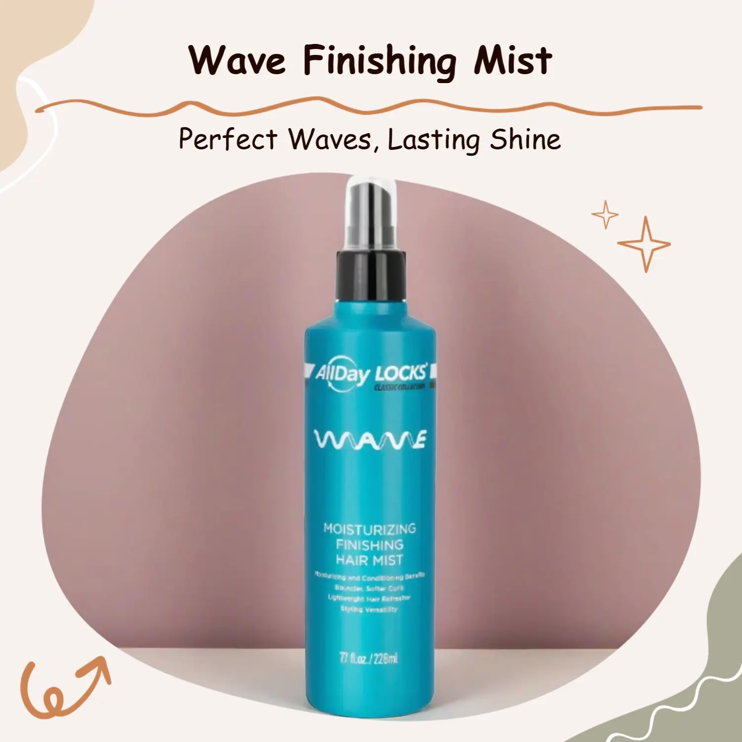 ALLDAY LOCKS Wave Finishing Mist - Lightweight Haircare Styling Spray with Argan Oil & Panthenol, Wave Control, Lasting Hold & Shine, Gentle for Wavy Hair & All Hair Types, 7.7 oz, Flawless, Lasting Shine, Argan Oil And Panthenol, Contains-Keratin