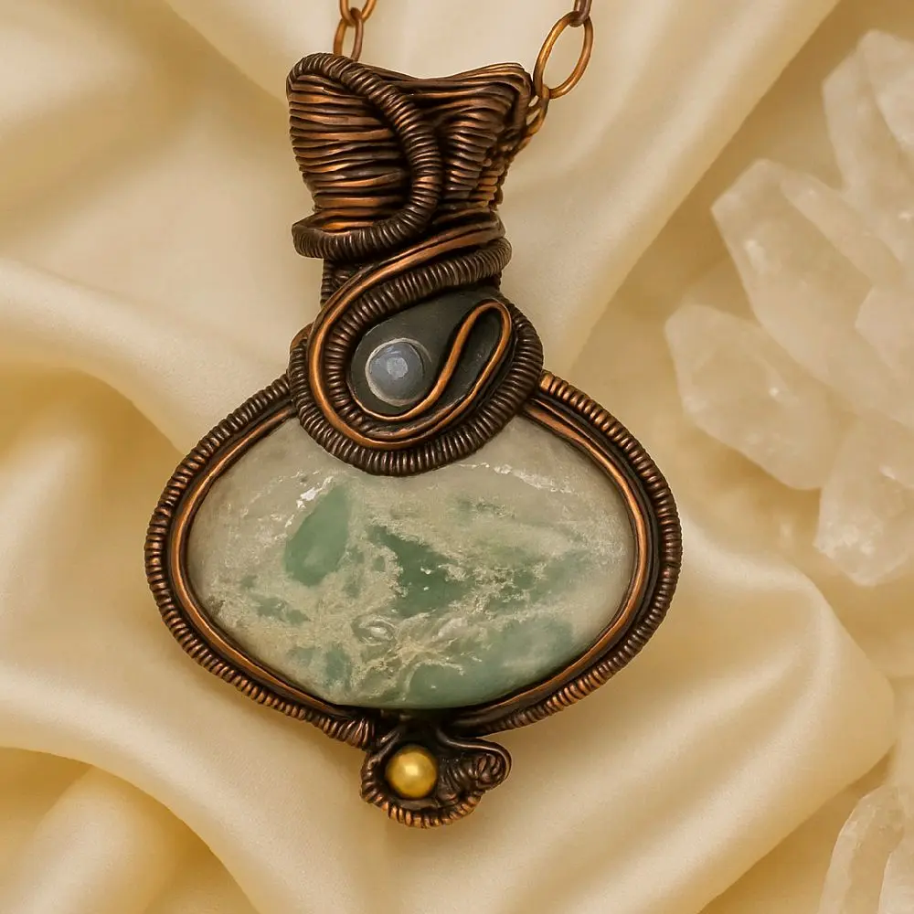 "Earth & Light Pendant" - OOAK Jasper & Selenite in Copper Hand-Wrapped Wirework 2-Inch Pendant with 20" Chain for Energy Work & Rituals