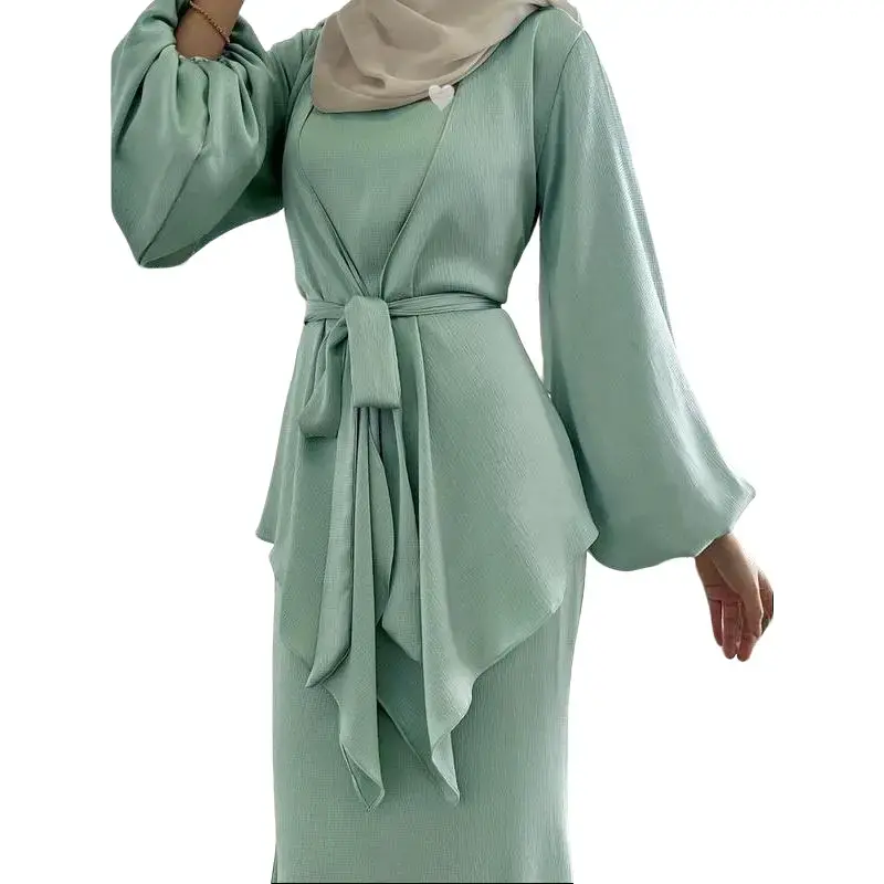 Two Piece Set Women, Solid Color Lantern Sleeve Asymmetric Hem Drawstring Robe Vest Dress Islamic Suit, Women's Four Seasons Clothing, Two Piece Set Women's Suit, Summer Robe with Headscarf,Pink