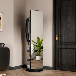 Summervibes 360° Rotating 66"x17.8" Multifunctional Full Length Mirror with Hook Storage Rack Coat Rack with Mirror Solid Wood Floor Mirror Bedroom Living Room Cloakroom Space Saving