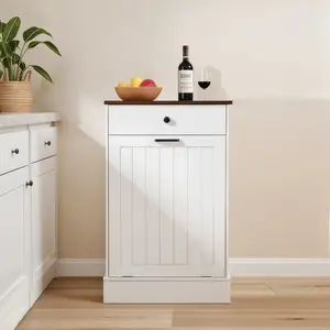 Tilt Out Trash Can Cabinet, Hidden Wooden Trash Can Cabinet with Drawer, Free Standing Garbage Cabinet for Kitchen, 10 Gallon Farmhouse Laundry Hamper Cabinet for Kitchen, Living Room (White)