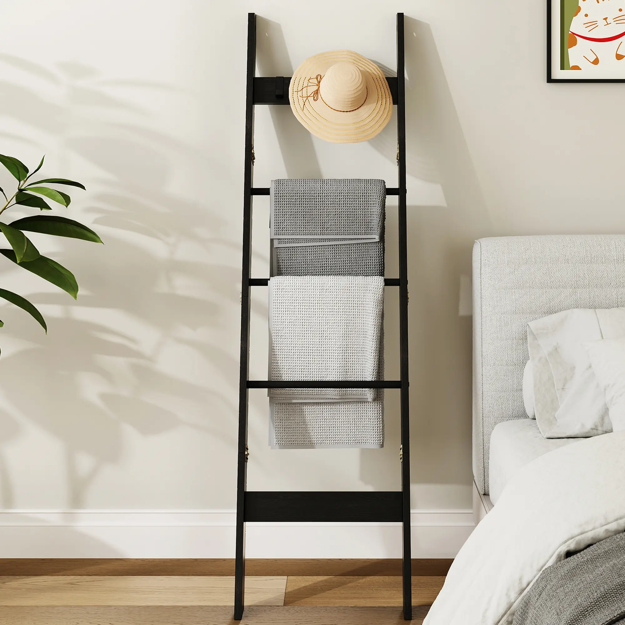 Hzuaneri Blanket Ladder for Living Room, Decorative Quilt Rack with 4 Removable Hooks, Farmhouse Ladder Holder Shelf Organizer for Bedroom