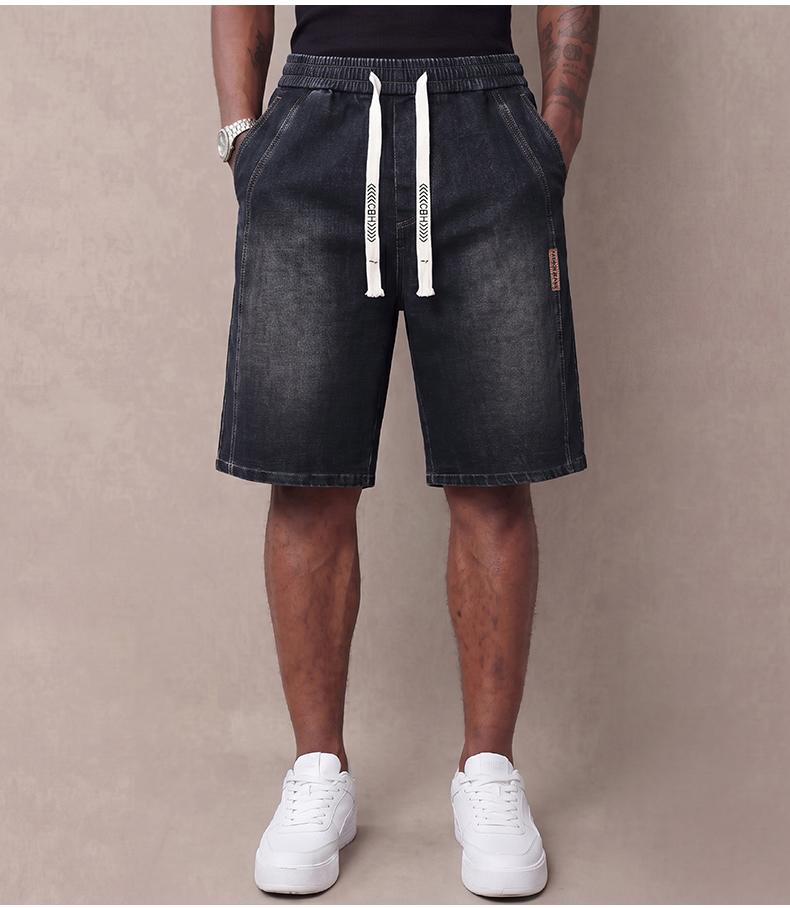Men&rsquo;s summer lightweight denim shorts &mdash; trendy short men&rsquo;s pants, loose stretch mid-thigh denim shorts, classic street cotton everyday wear for men, elastic waistband drawstring denim shorts