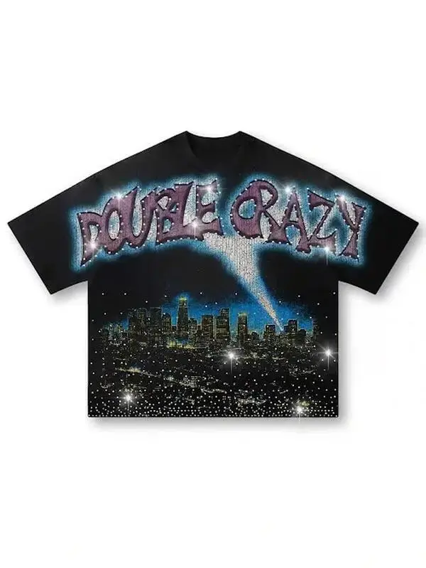 Y2K Grunge Streetwear Oversized Graphic T-Shirt Double Crazy Rhinestone Sparkle City Skyline Print Premium Heavyweight Cotton Drop Shoulder Tee Unisex Casual Retro Top Gift