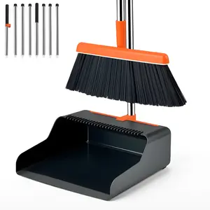 Broom and Dustpan Combo Set for Home/Office, Self-Cleaning Dustpan Teeth for Pet Hair, Extendable Long Handle up to 51.2in, Upright Standing Brooms for Sweeping Indoor/Outdoor