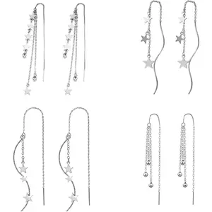 4 count  Chain Tassel Threader Earrings for Women  Lightweight  Beaded Curved Ear Line Wave Dangle Drop Earrings Minimalist Charm Long Threader Earrings Set