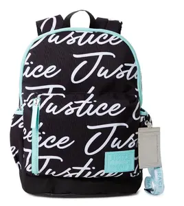 Justice Girls' 17" Polyester Laptop Backpack 2-Piece Set - Adjustable Ripstop Luggage Bag with Bold Look, Secure Zip-Around Closure, All-Over Print Black Blue Lanyard