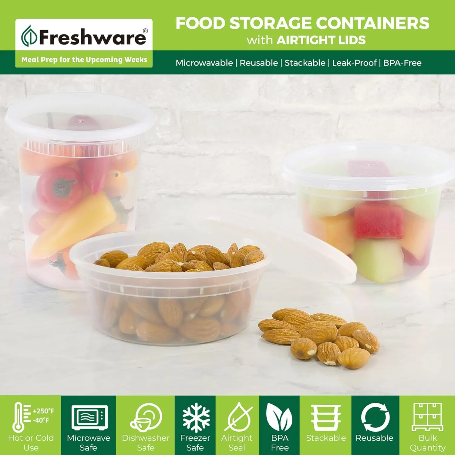 FRESHWARE 60-Pack Airtight Plastic Storage Containers - Leakproof Lids, 8oz/16oz/32oz (20 Each), BPA-Free Recyclable Polypropylene, Portable Stackable Reusable Food Organizer, Refrigerator/Microwave/Freezer Safe, Refrigerator Storage